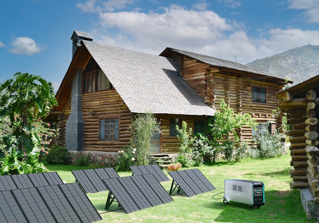 a-log-cabin-with-solar-panels-on-the-lawn